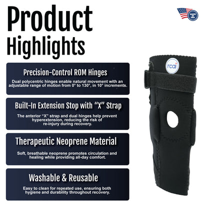 Extension stop elbow brace with adjustable black neoprene strap and precision dual polycentric ROM hinges.