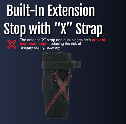 Black wrist extension stop brace with built-in dual ROM hinges and adjustable X-strap.