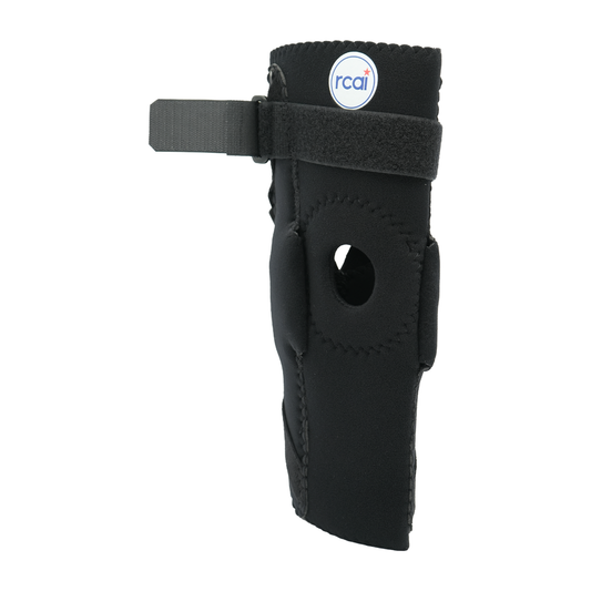 Black extension stop elbow brace with adjustable Velcro straps and circular cutout over the elbow joint.