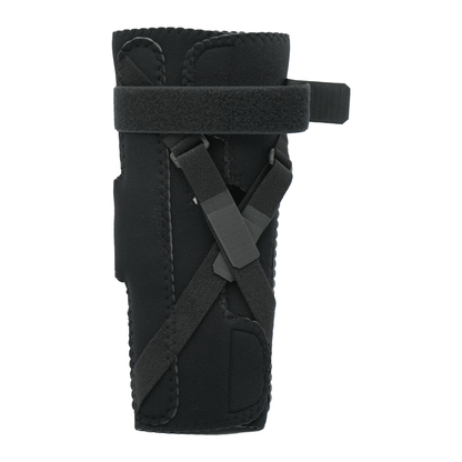 Black extension stop elbow brace with adjustable straps and reinforced ROM hinges.