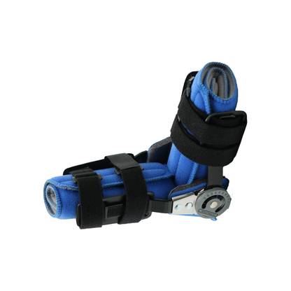 Blue cushioned arm brace with adjustable black straps and metal hinge for joint support.