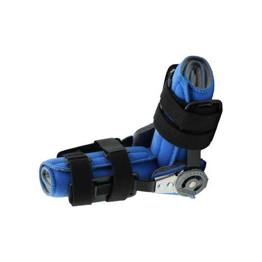 Blue cushioned arm brace with adjustable black straps and metal hinge for joint support.