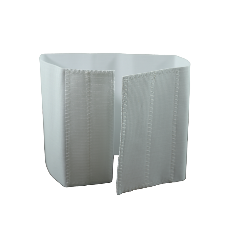 White RCAI abdominal binder with Velcro closure, wide stretch fabric, made in the USA for core support and recovery.