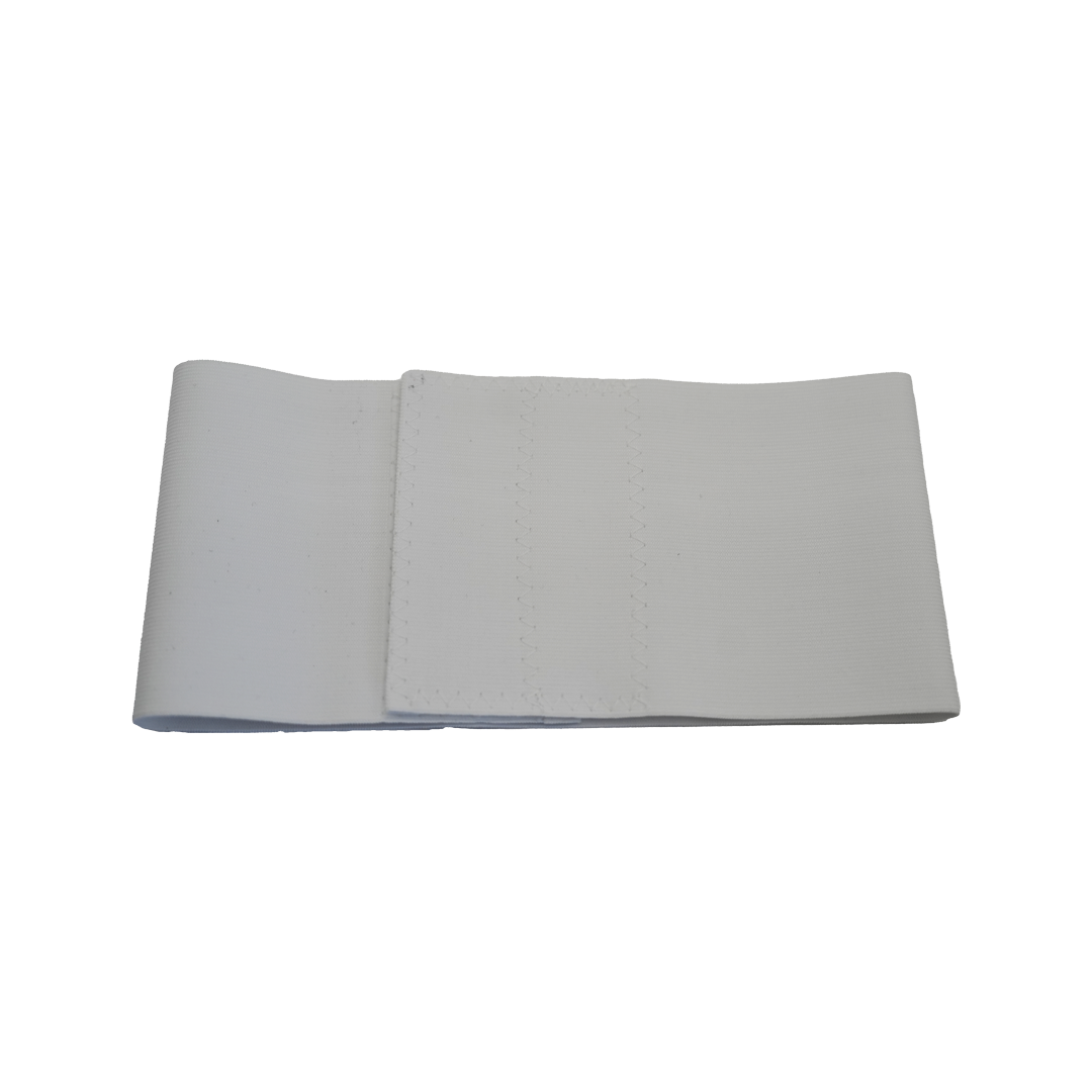 White pediatric abdominal binder with soft, breathable, adjustable medical-grade fabric strap.
