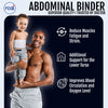 Child wearing white pediatric abdominal binder on torso, smiling and held by smiling adult male with gray pants.