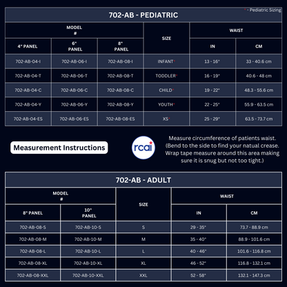 Pediatric abdominal binder sizing chart showing waist measurements in inches and centimeters with model numbers and panel.
