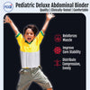 White pediatric abdominal binder worn around waist on child in yellow shirt and khaki shorts with arms raised.