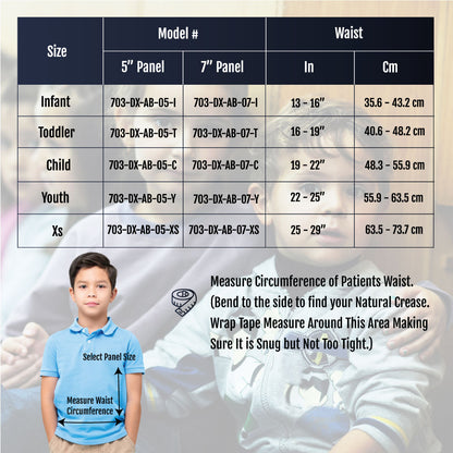 Blue pediatric abdominal binder size guide chart showing waist measurements and panel sizes for infant to extra small.