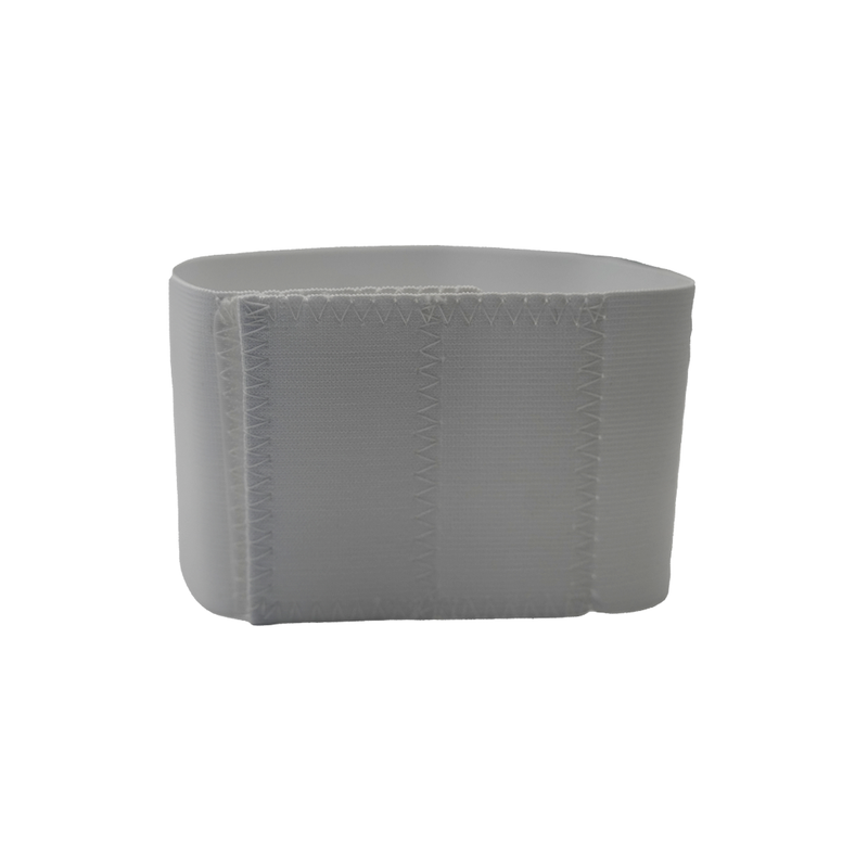White soft pediatric abdominal binder with adjustable Velcro closure and stitched panel support.
