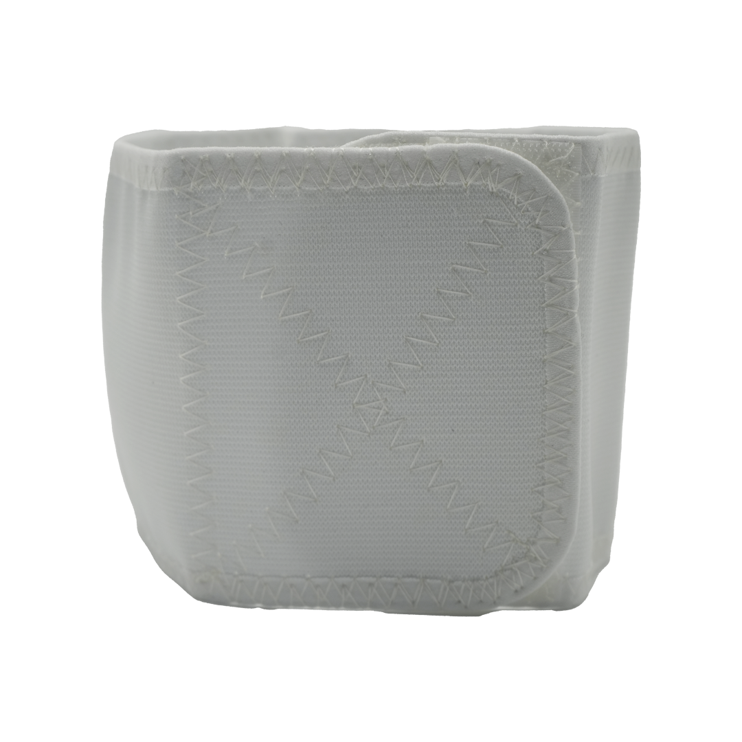 White soft fabric infant shoulder immobilizer with reinforced stitching and adjustable closure strap.