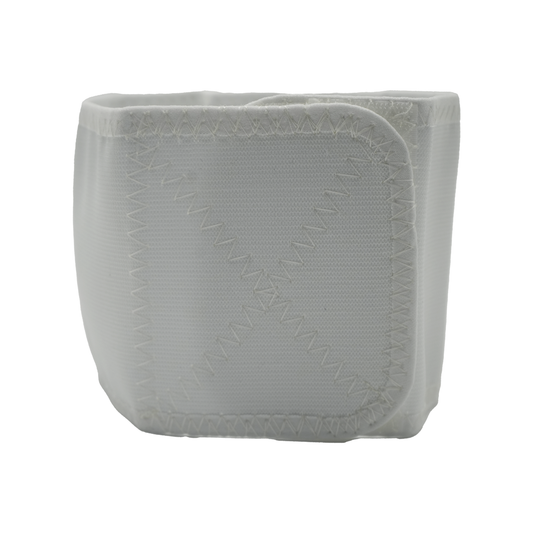 White soft fabric infant shoulder immobilizer with reinforced stitching and adjustable closure strap.