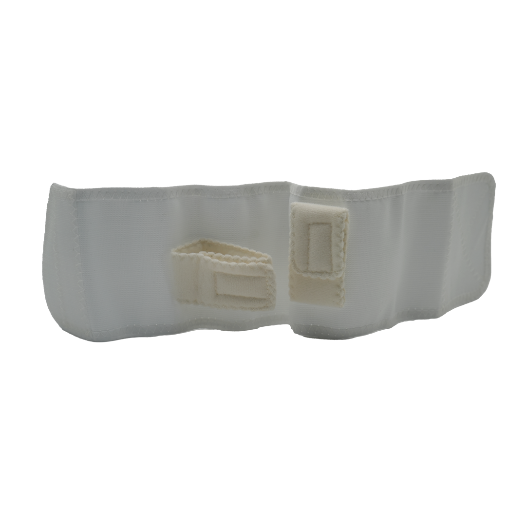 White infant shoulder immobilizer with adjustable Velcro straps and padded fabric band.