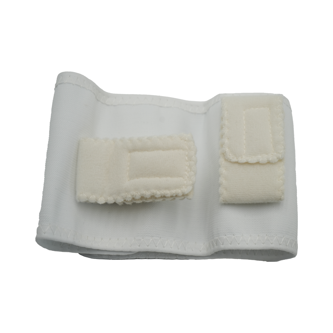White infant shoulder immobilizer with two padded Velcro straps and soft fabric construction.