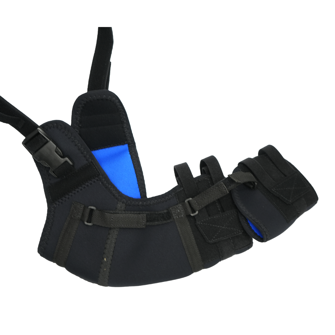 Black and blue neoprene shoulder stabilizer with adjustable straps and padded wrist support.