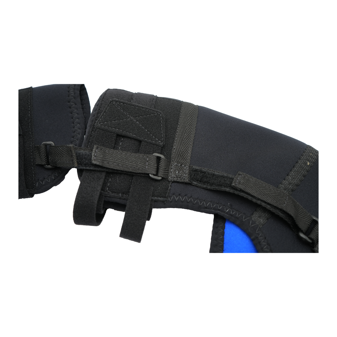 Black neoprene shoulder stabilizer with adjustable straps and blue inner lining.