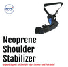 Black neoprene shoulder stabilizer with adjustable strap and hook-and-loop fasteners, made in the USA, rcaI logo visible on.