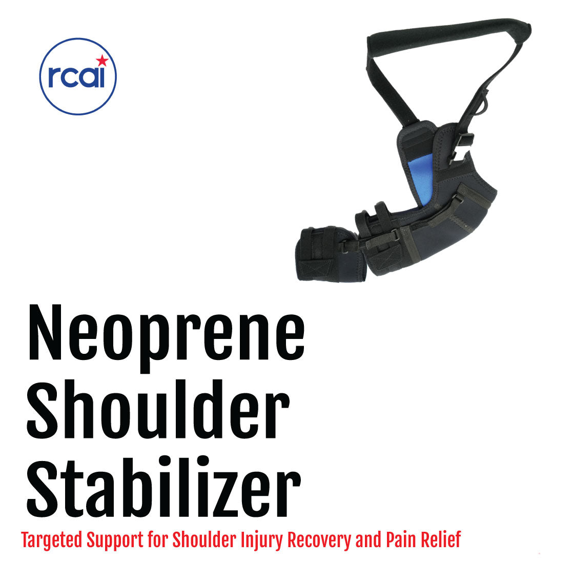 Black and blue neoprene shoulder stabilizer with adjustable strap and padded support sleeve.