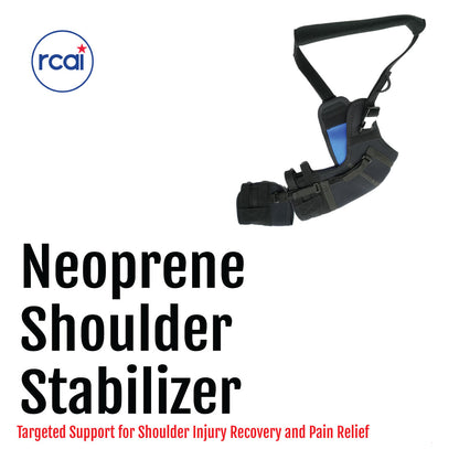 Black and blue neoprene shoulder stabilizer with adjustable strap and padded support sleeve.