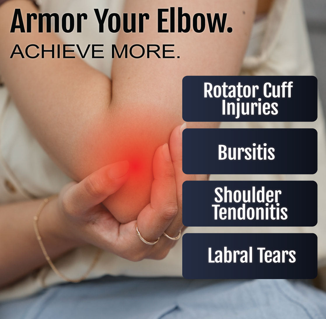 Beige neoprene shoulder stabilizer with adjustable straps on person holding painful elbow area highlighted in red.