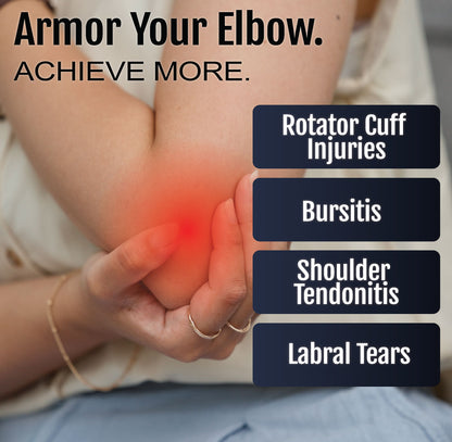 Beige neoprene shoulder stabilizer with adjustable straps on person holding painful elbow area highlighted in red.