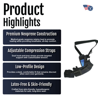 Neoprene shoulder stabilizer with adjustable black compression straps and low-profile design text overlay.