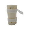 Pediatric forearm orthosis with beige rigid shell and two adjustable white Velcro straps.