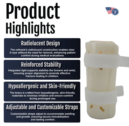 Pediatric forearm fracture orthosis with beige padding and adjustable white straps.