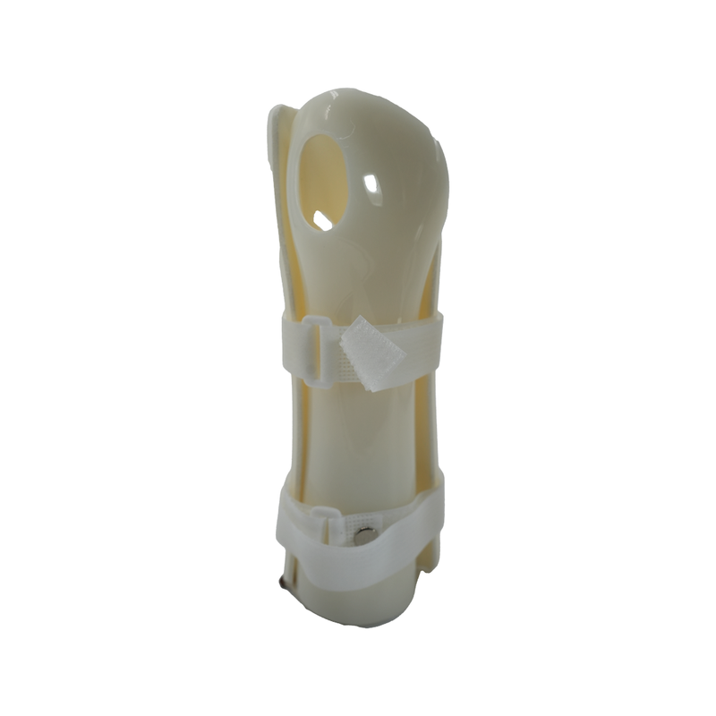 Cream-colored rigid pediatric wrist brace with adjustable white straps and ventilation holes.