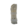 White pediatric wrist splint with adjustable hook-and-loop straps and ventilation holes.