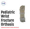 White pediatric wrist fracture orthosis brace with adjustable straps and ventilation holes.