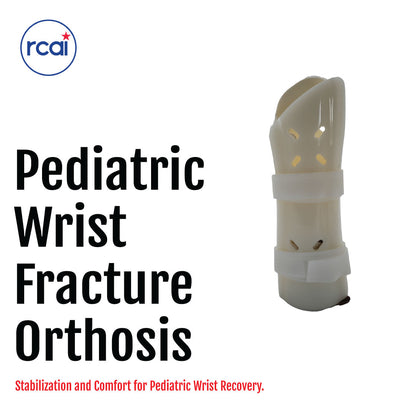 White pediatric wrist fracture orthosis brace with adjustable straps and ventilation holes.