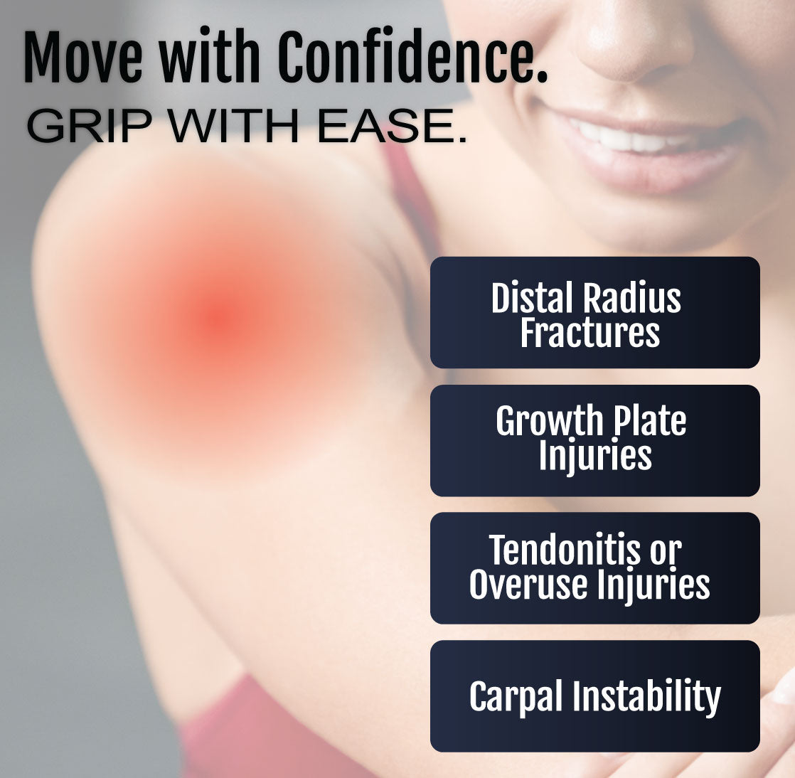 Smiling person with red highlight on wrist indicating pain areas for distal radius fractures, growth plate injuries,.