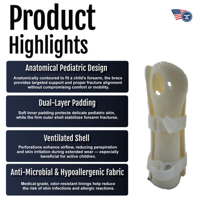 White pediatric wrist brace with anatomical design, dual-layer padding, ventilated shell, and hypoallergenic fabric.