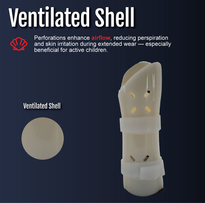 Beige pediatric wrist brace with ventilated perforations for airflow and adjustable straps.
