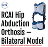Blue and white bilateral hip abduction orthosis with padded thigh cuffs and adjustable straps, made in the USA by RCAI.