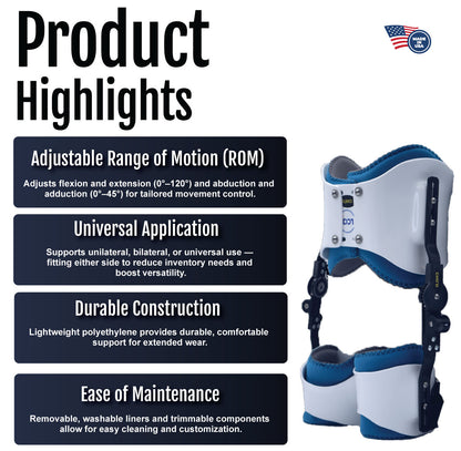 Blue and white bilateral hip abduction orthosis with adjustable straps and padded support cuffs.