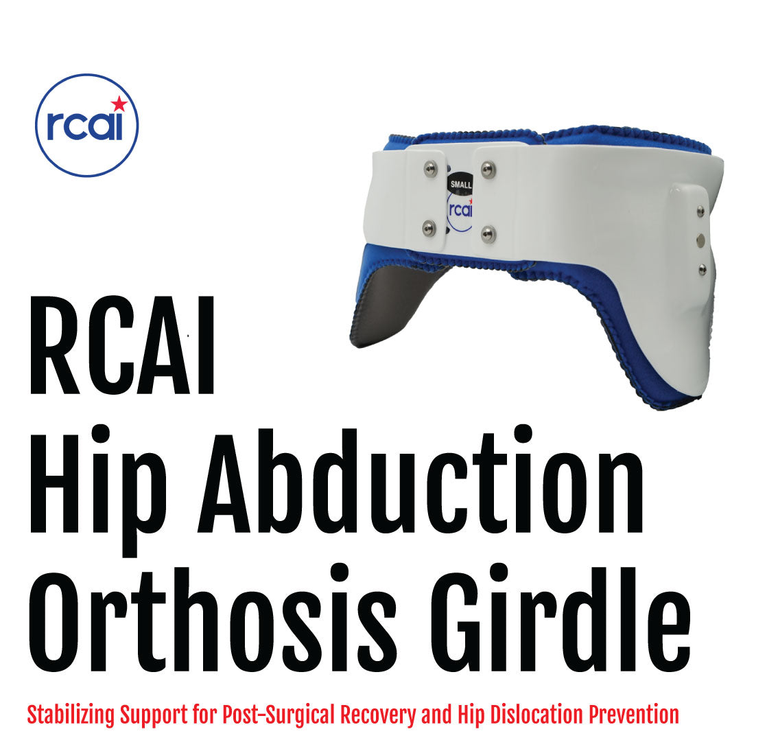 White and blue hip abduction orthosis girdle with adjustable straps and metal hinges for support.