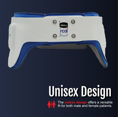 White and blue hip abduction orthosis girdle with adjustable straps and metal rivets, small size label visible.
