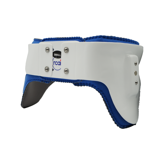 White and blue hip abduction orthosis girdle with adjustable screws and padded interior lining.