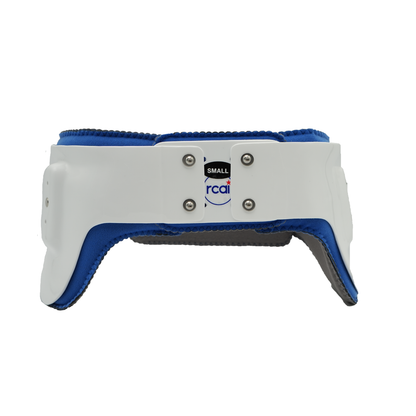 White and blue hip abduction orthosis girdle with padded interior and adjustable straps, small size label visible.