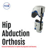 White and blue hip abduction orthosis with adjustable black metal supports, made in the USA, RCAI logo visible.