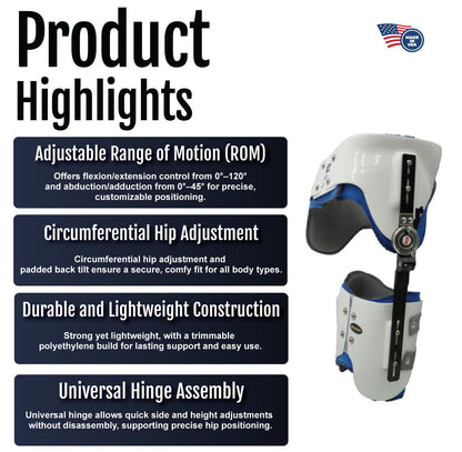 Hip abduction orthosis with adjustable range of motion, circumferential hip straps, durable lightweight white plastic and.