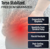 Torso stabilization device in soft grey fabric with small white dots, red highlighted hip area, hand gently resting on side, .