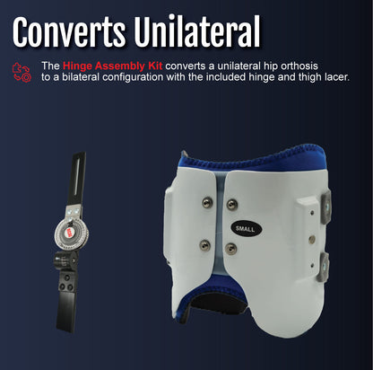 White orthopedic hinge assembly with blue padding and adjustable metal hinge on black strap.