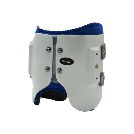 White small-size orthopedic hinge assembly with blue padded interior and metal screws.