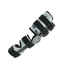 Black and gray Post Operative Pin arm brace with adjustable straps and metal hinge, RCAI made in the USA.