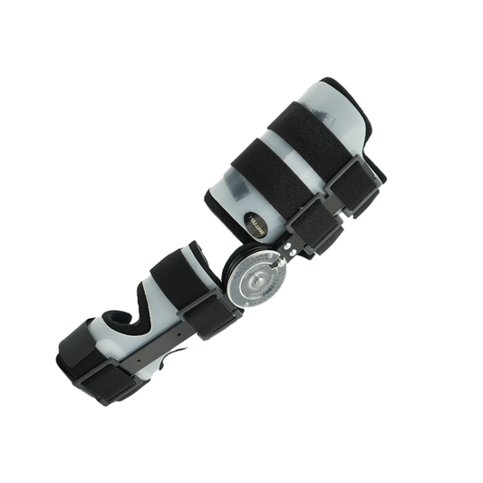 Adjustable black and gray post-operative arm brace with metal hinge and multiple Velcro straps.