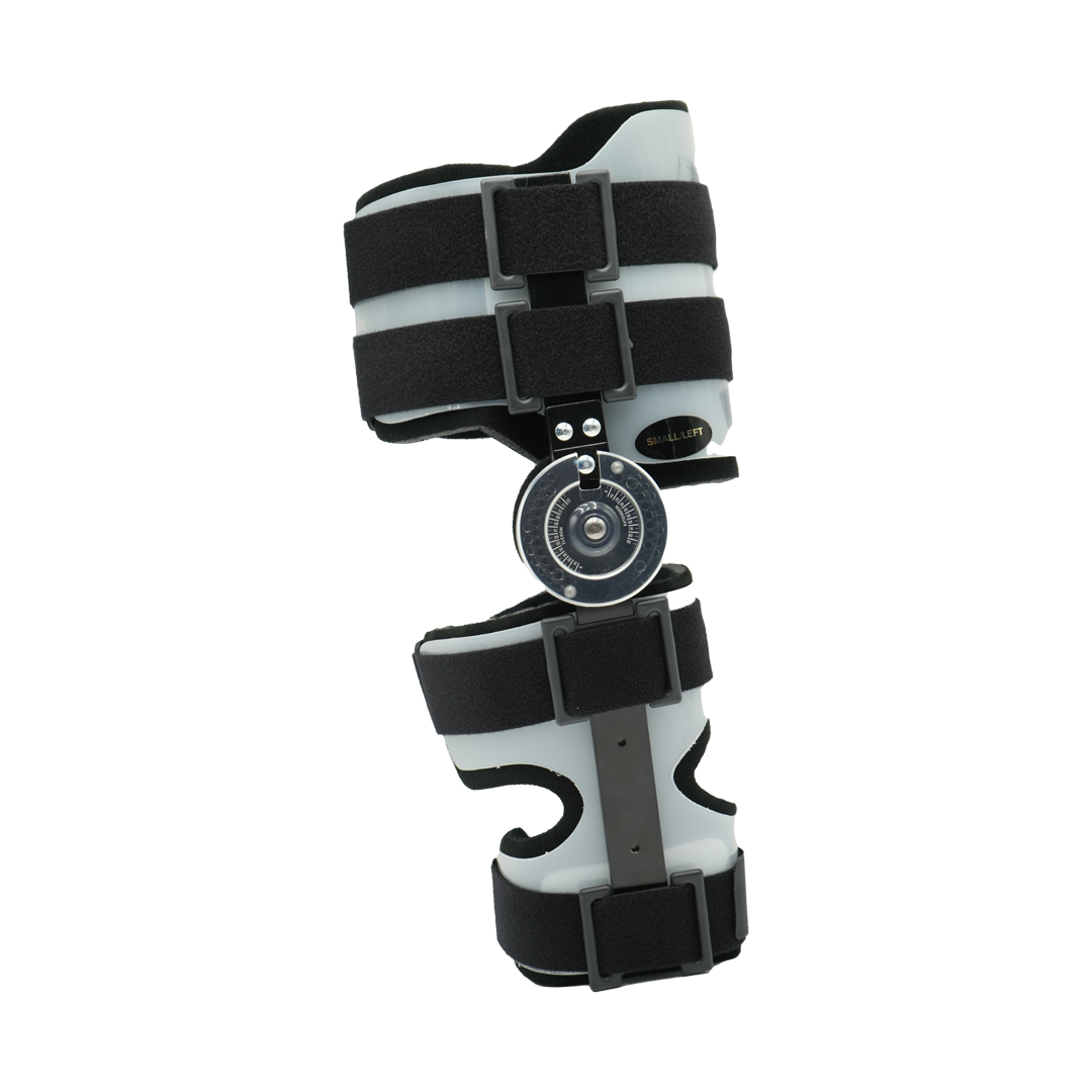 Adjustable post-operative arm brace with black straps and gray padded supports around elbow and forearm.