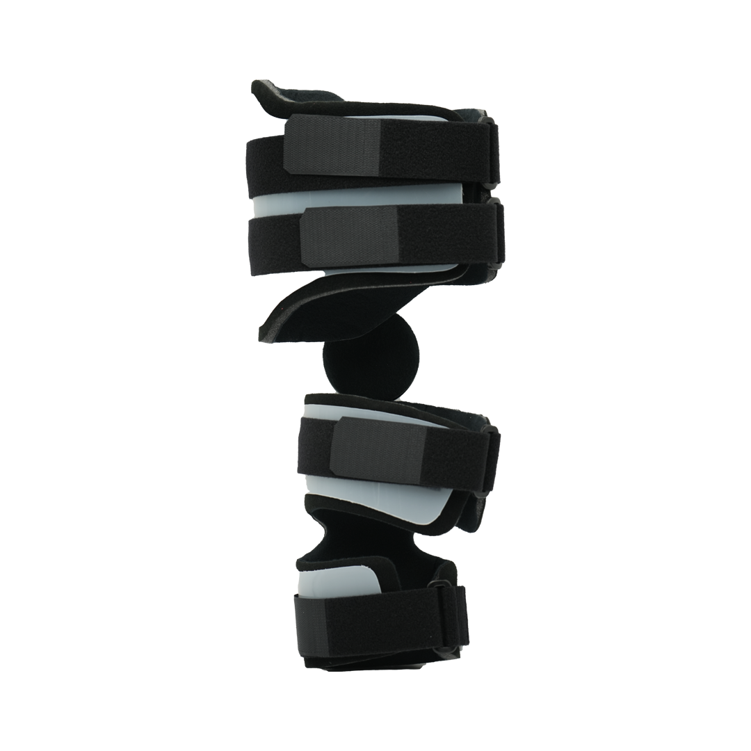Black and gray adjustable post operative elbow brace with multiple Velcro straps and cushioned support segments.