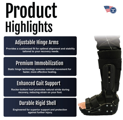 Black orthopedic recovery boot with adjustable hinge arms and durable rigid shell displayed on a dark background.